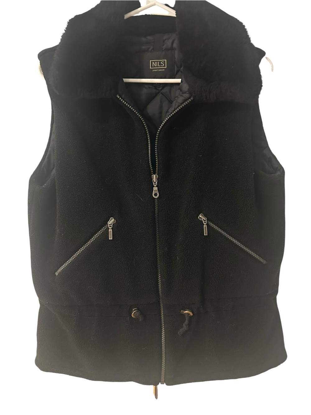NILS vintage Black Faux Fur Collar Zip Vest small